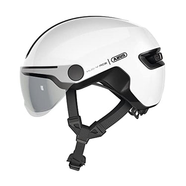 ABUS City Helmet HUD-Y ACE - stylish bicycle helmet with visor and magnetic, rechargeable LED rear light - for men and women - Glossy White, on sale